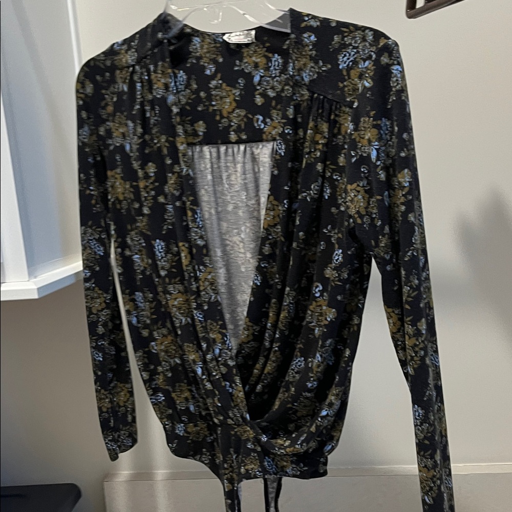 Free People Floral Wrap Blouse - Black and Blue
